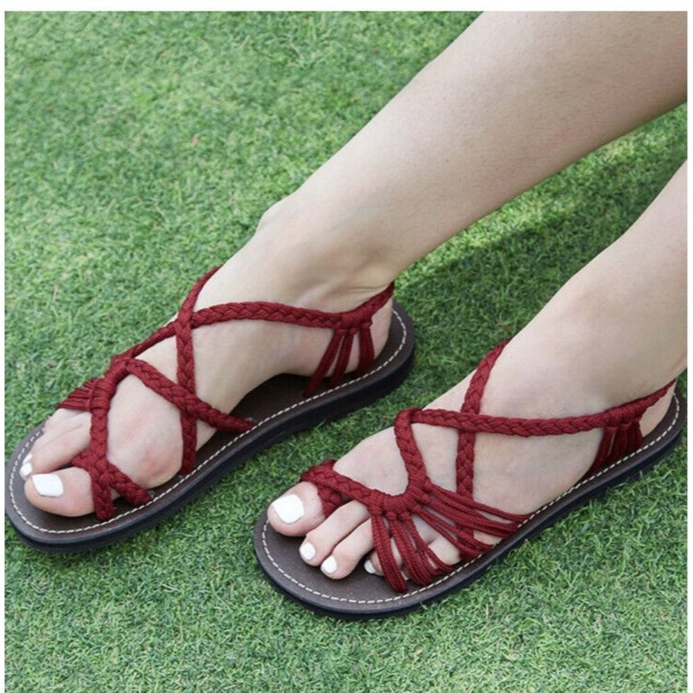 Everelax Women's Flat Sandals Red Boho Size 8 Strappy Rope New